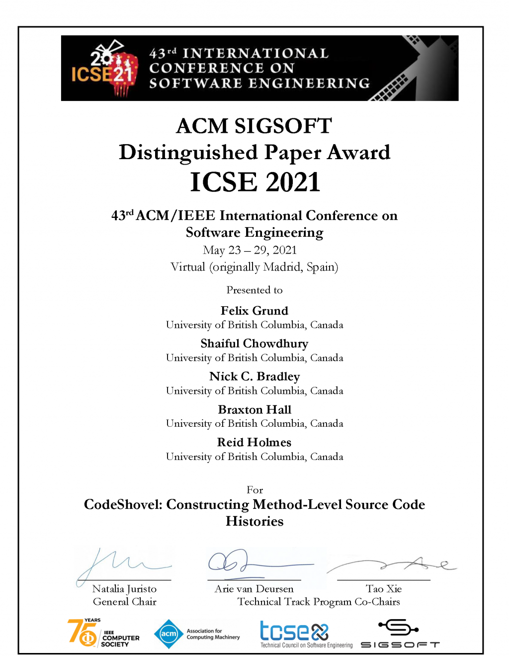 CodeShovel Certificate