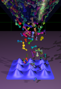 Simulated cascade of many rigid bodies