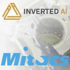 Inverted AI and Mitacs logos, against backdrop frame from videos of cars driving