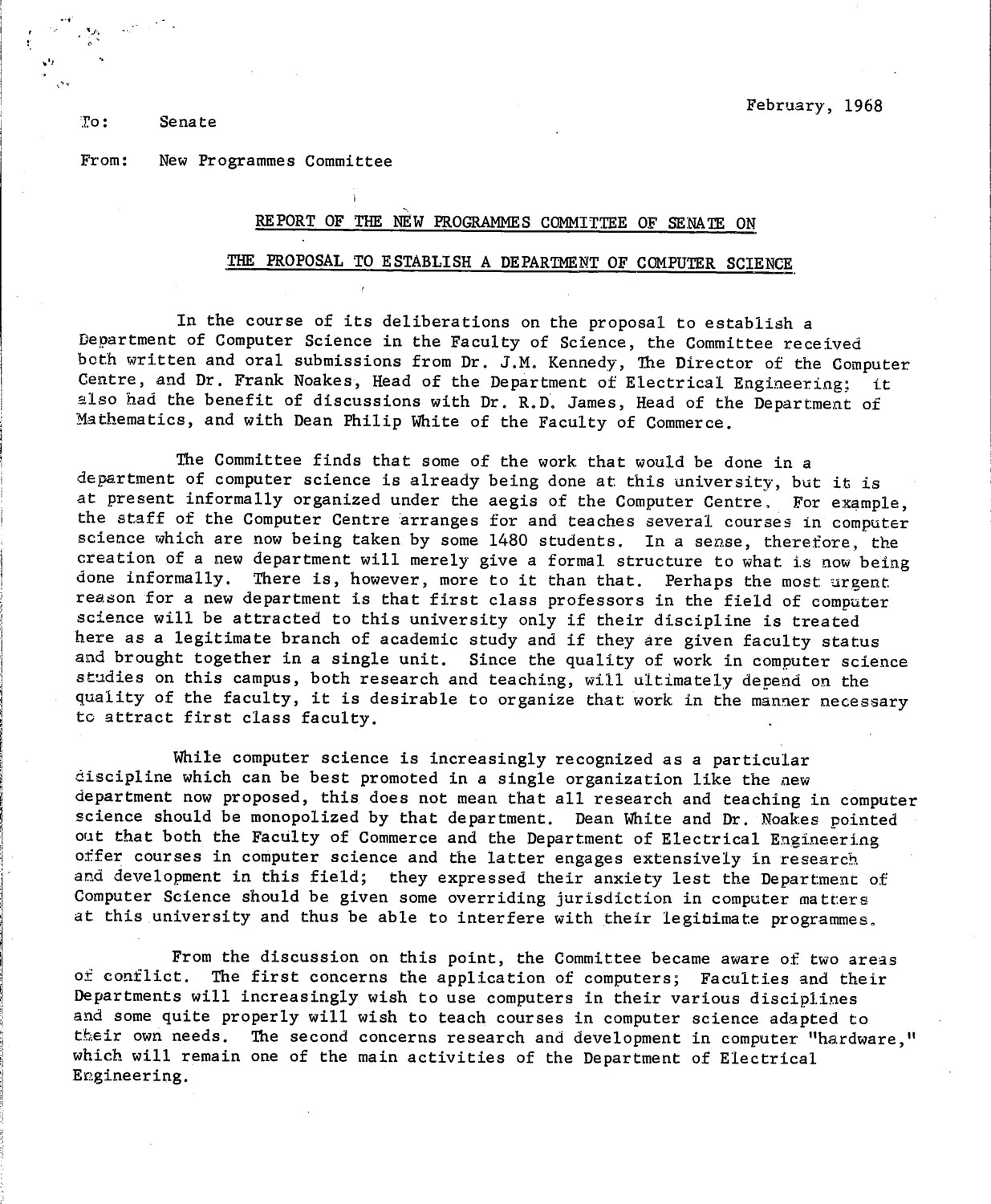 Computer Science Department proposal to the Senate, submitted on Wednesday, September 8, 1965.