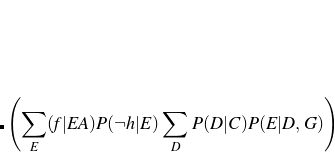 $\displaystyle \left(\sum _ E (f|EA)P(\neg h|E) \sum _ D P(D|C) P(E|D,G)\right)  $